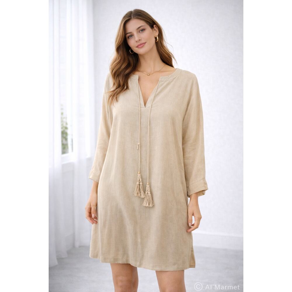 Magaschoni‎ Ivory Linen Lace-Up Tunic Top Tassel Lg NWT
